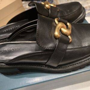 Black Leather Loafer Mules with Gold Chain Accent